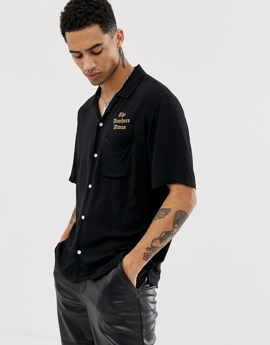 AllSaints revere collar shirt with back embriodery in black