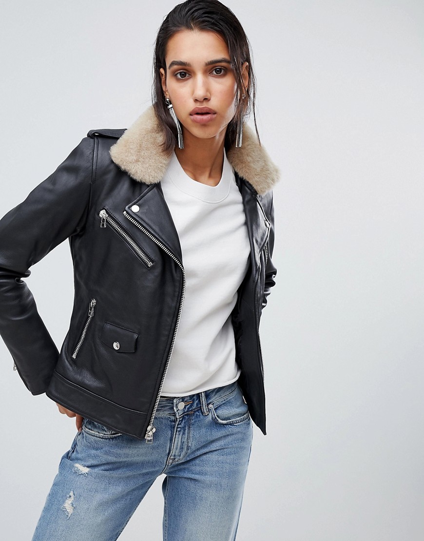 Goosecraft leather biker jacket with faux fur collar