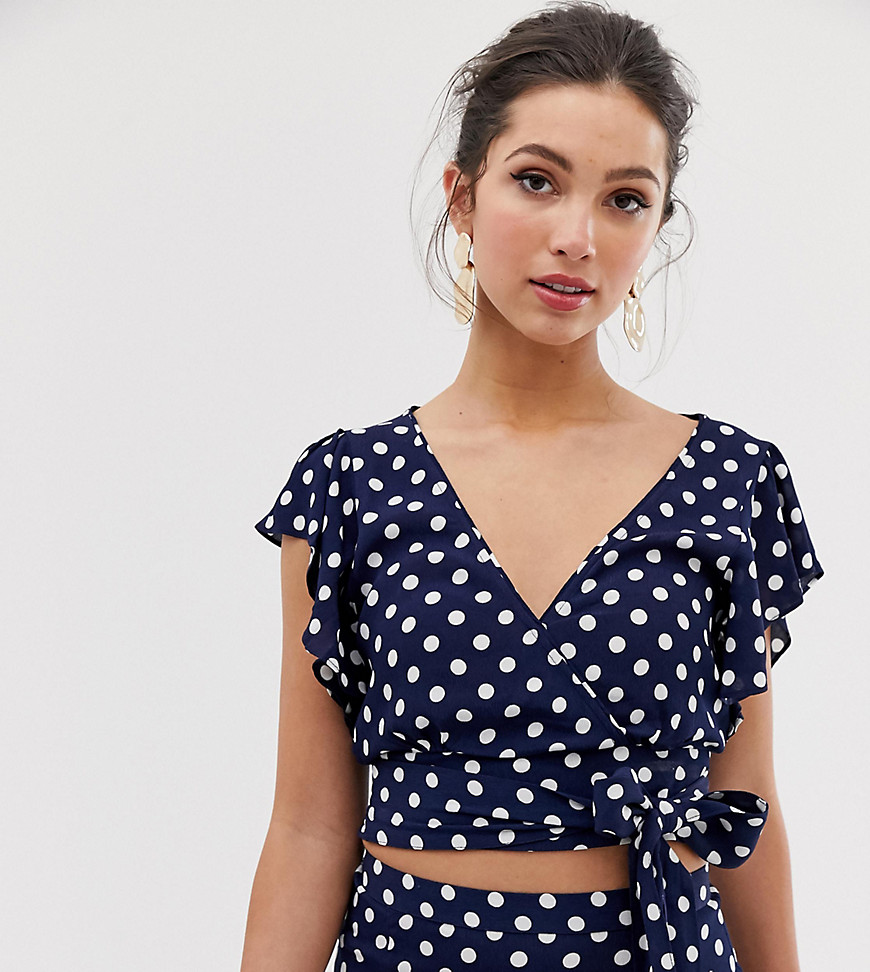 Oasis wrap crop top with frill sleeves in polka dot