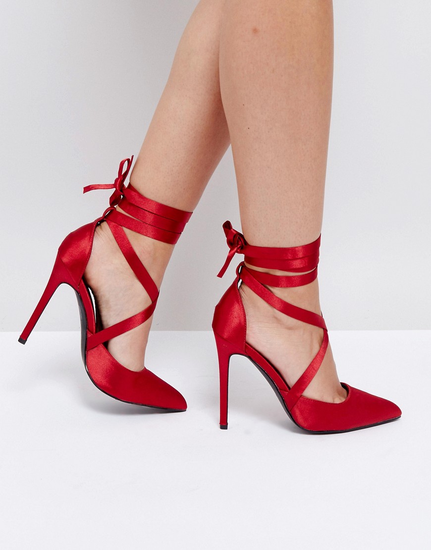 Public Desire Nebula Bright Red Lace up Stiletto Court Shoes - Bright ...