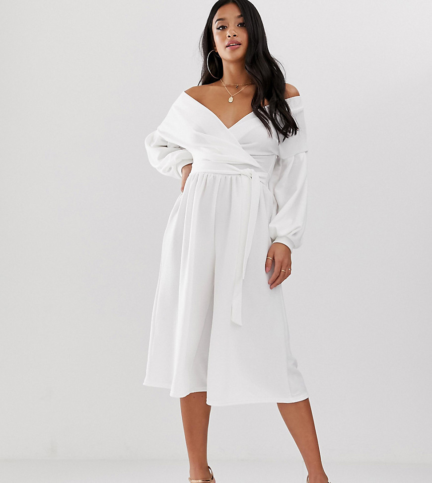 Boohoo Petite off shoulder jumpsuit with tie waist in white