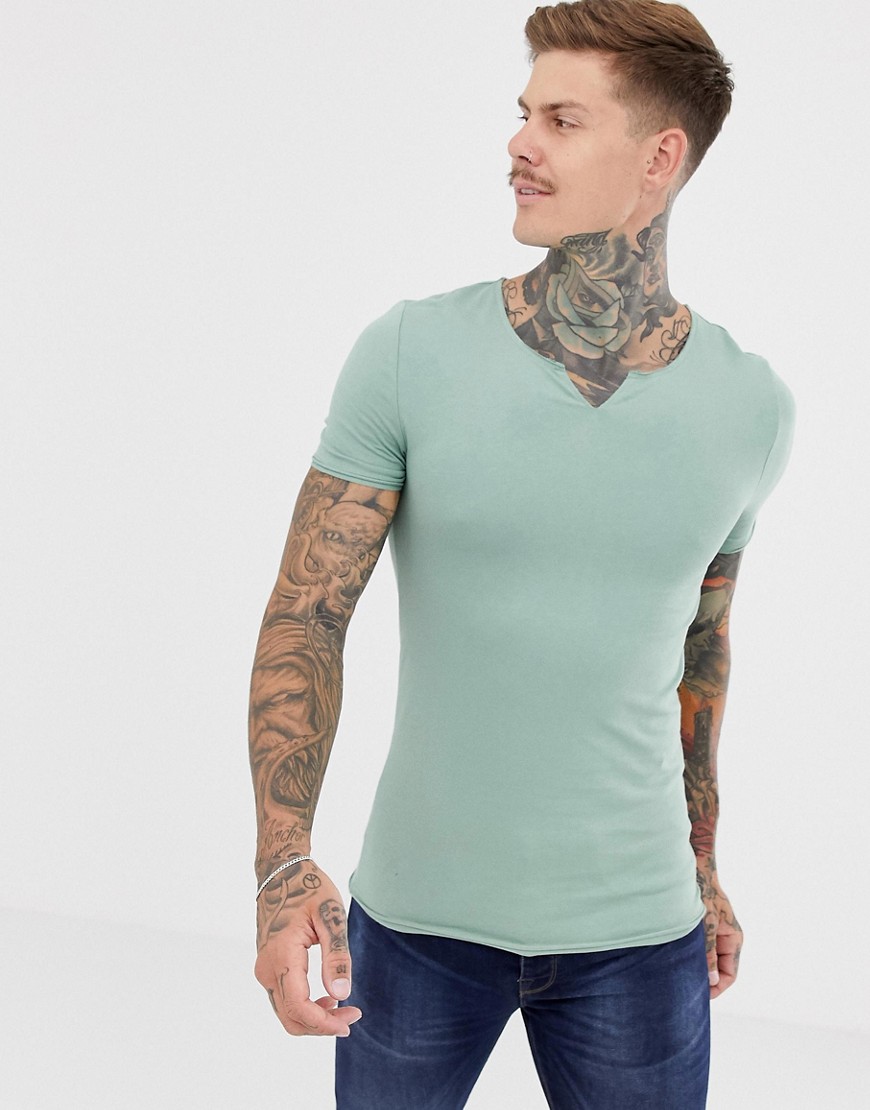 ASOS DESIGN muscle fit raw notch t-shirt neck in green