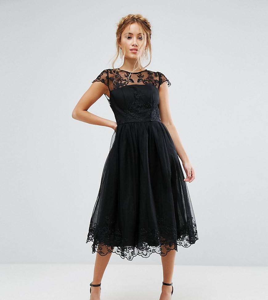 Chi Chi London Petite Premium Lace Midi Prom Dress with Lace Neck - Black