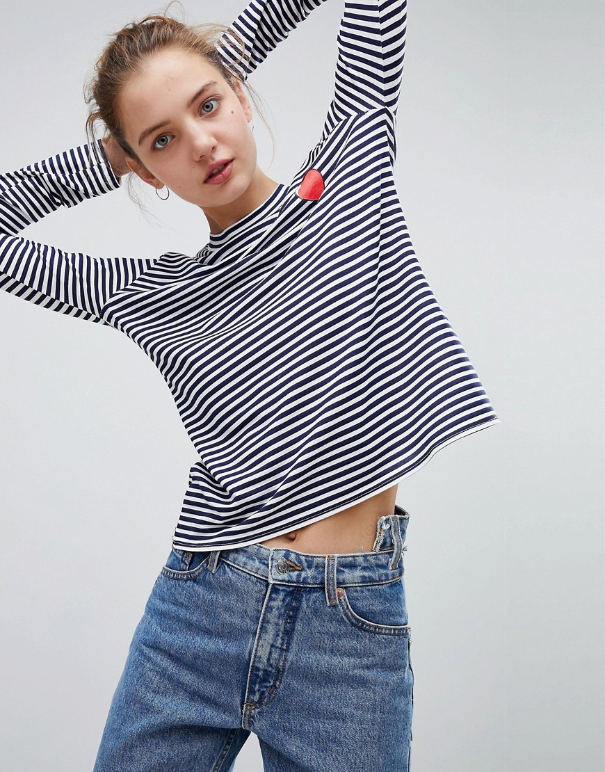 Daisy Street Long Sleeve T-Shirt In Breton Stripe With Heart Print - Stripe
