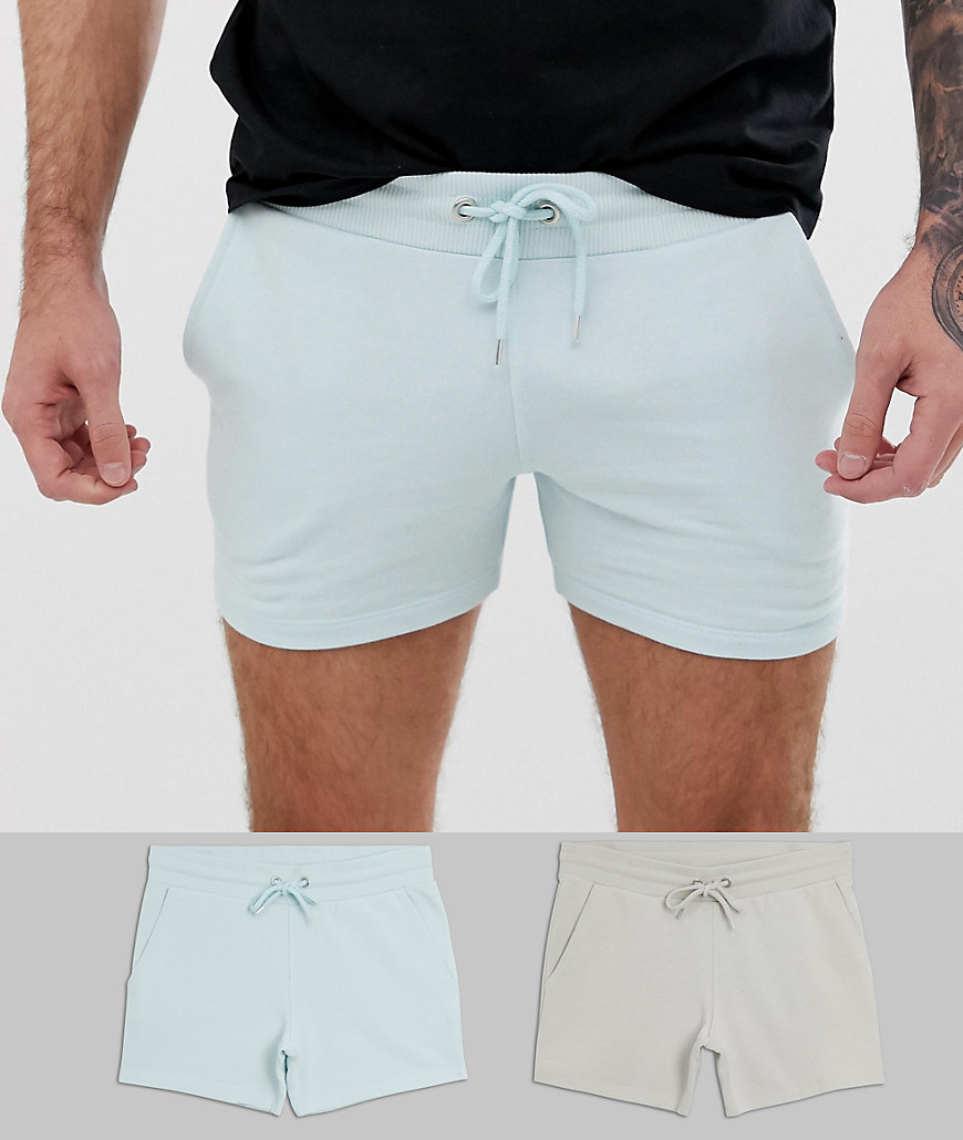 ASOS DESIGN jersey skinny shorts in shorter length 2 pack light grey/blue