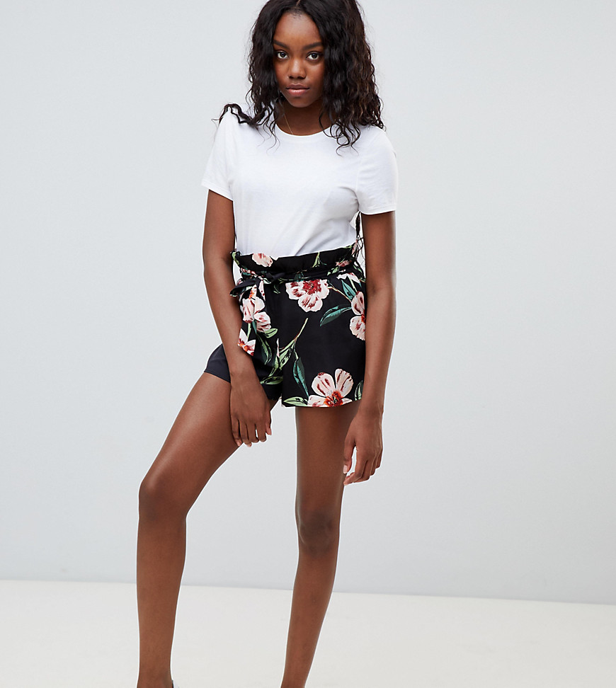Influence Tall Floral Shorts With Tie Waist - Black floral