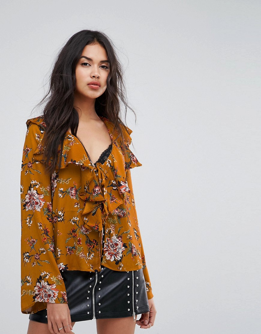 Missguided Floral Print Ruffle Blouse - Mustard