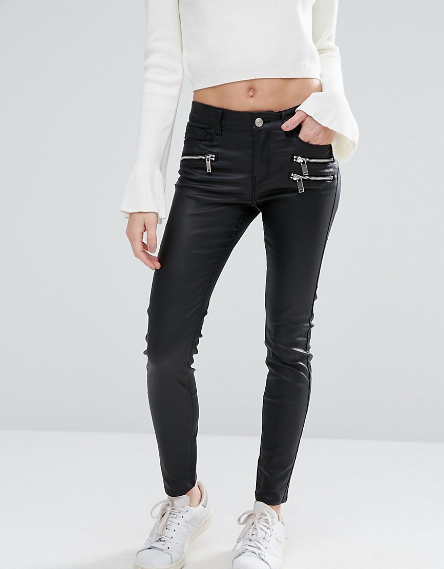 Vero Moda Petite Coated Skinny Jeans With Zip Pocket Detail - Black