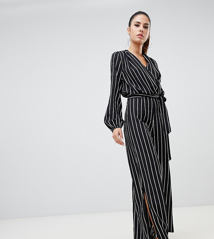 Parallel Lines pinstripe jumpsuit with split legs and tie waist