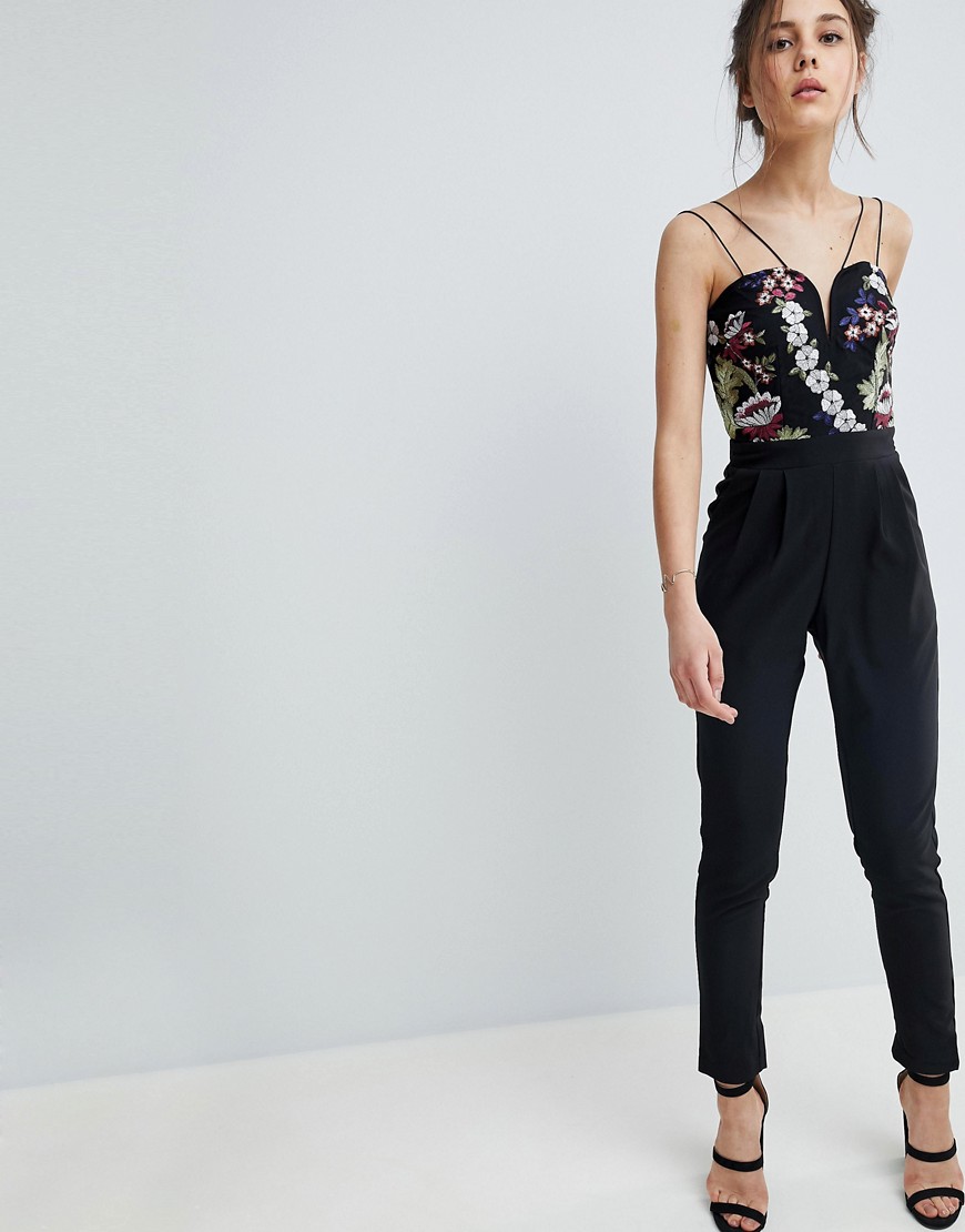 Girls on Film Jumpsuit with Floral Embroidered Top - Black burg green emb