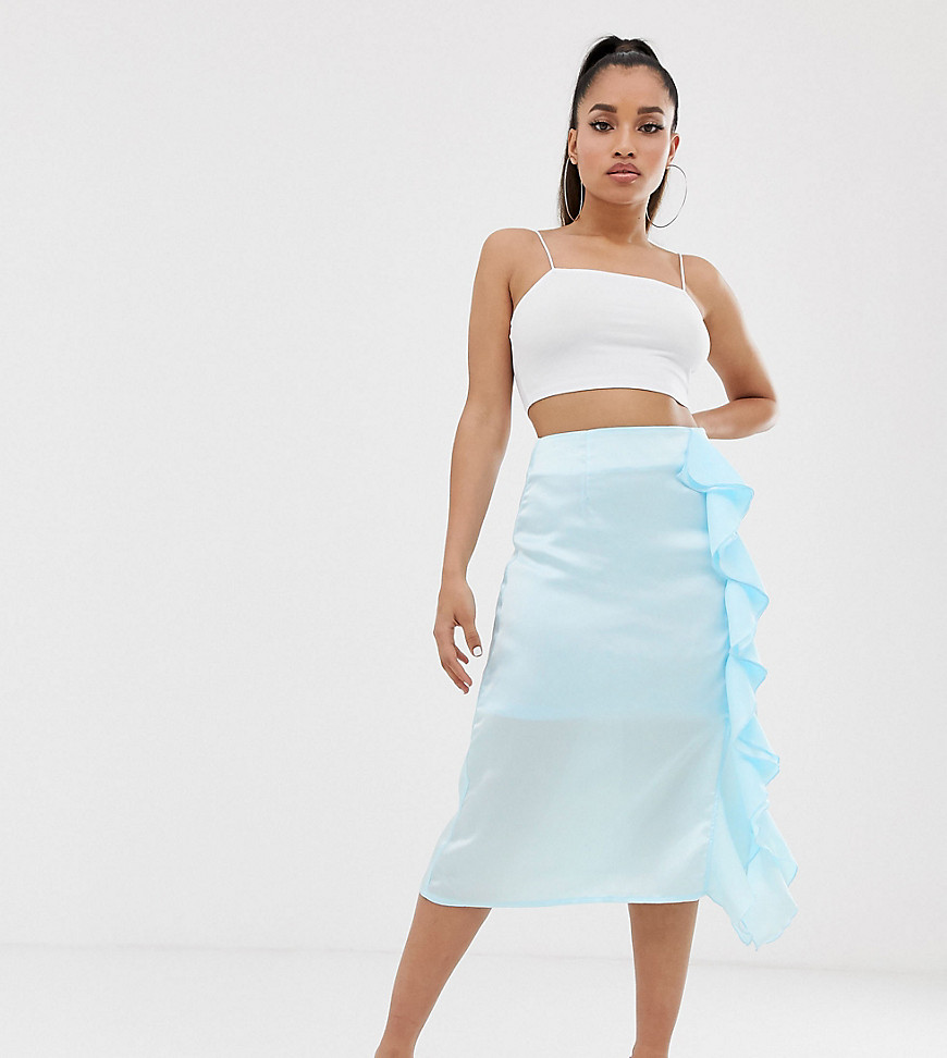 Missguided Petite Exclusive satin midi skirt with side slit in blue
