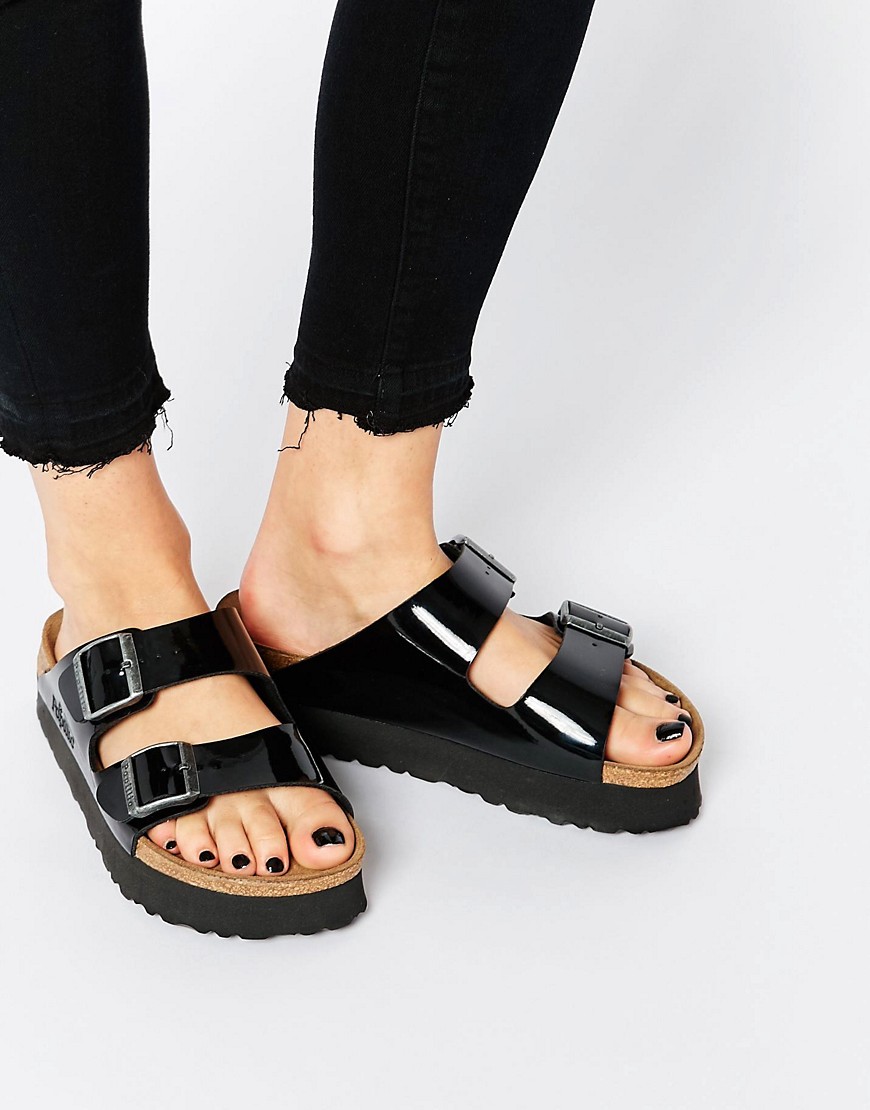 Birkenstock Arizona Platform Patent Black Slider Flat Sandals - Black