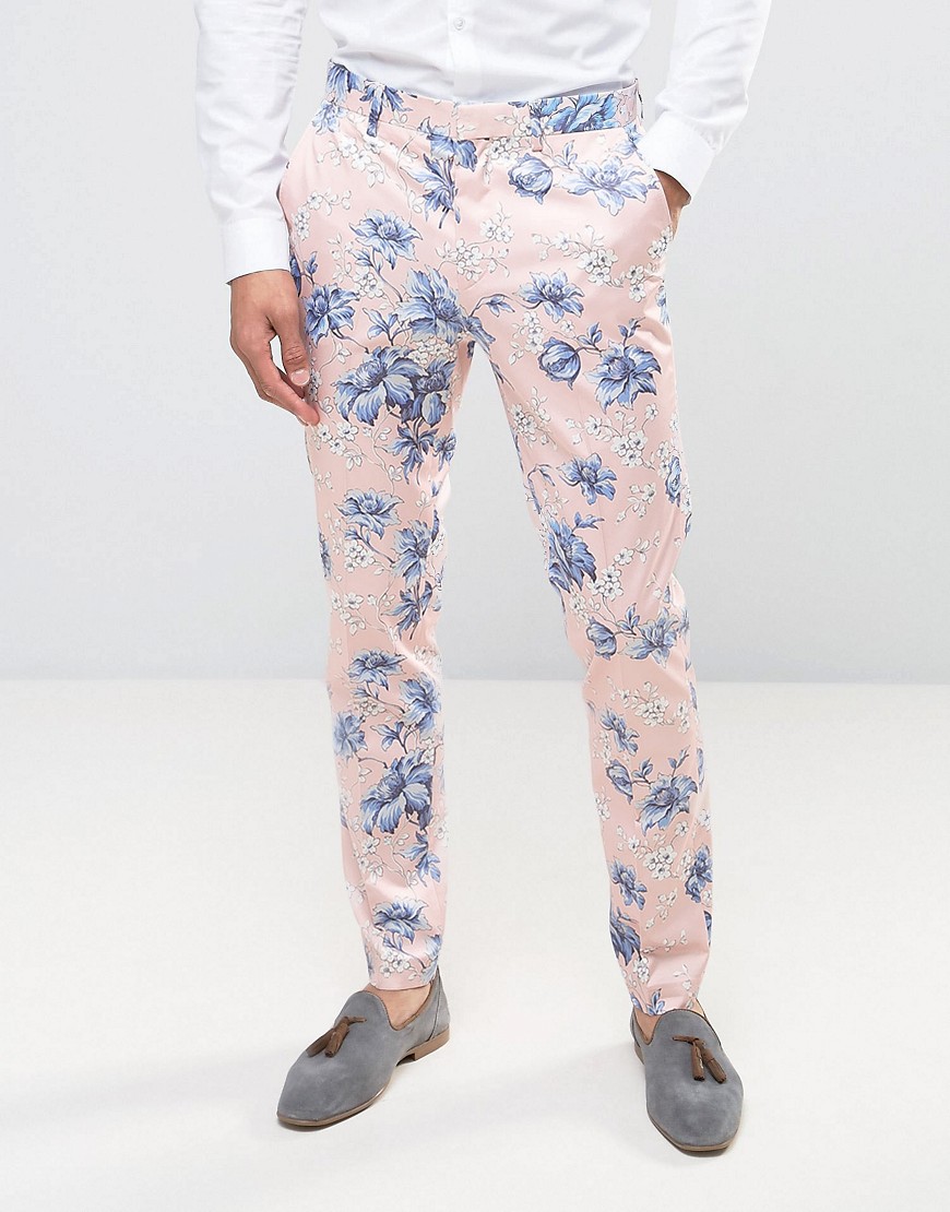 ASOS Wedding Skinny Smart Trousers in Blush Floral Print - Pink