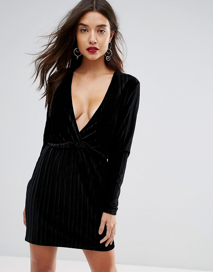Ivyrevel Deep V Pleated Velvet Mini Dress - Black