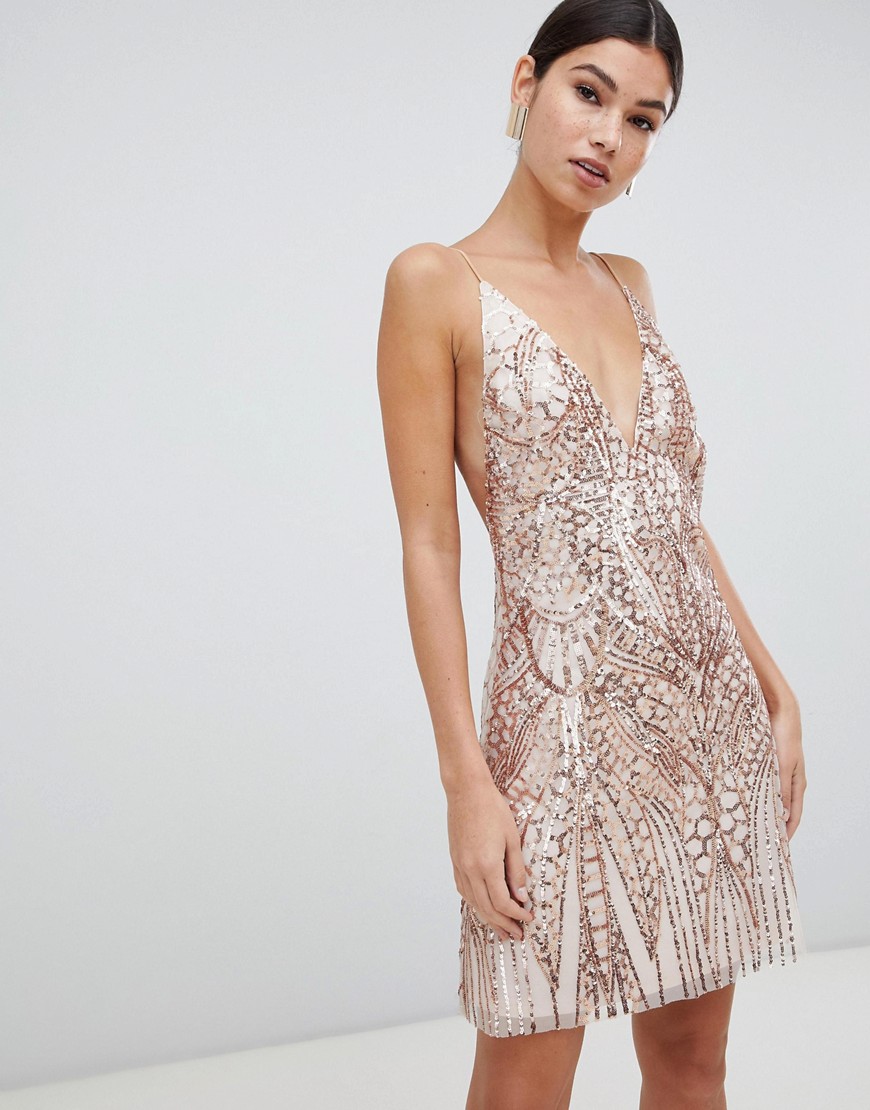 Love Triangle sequin embellished cami dress in rose gold