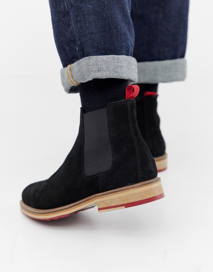 ASOS DESIGN chelsea boots in black suede with red cleated sole