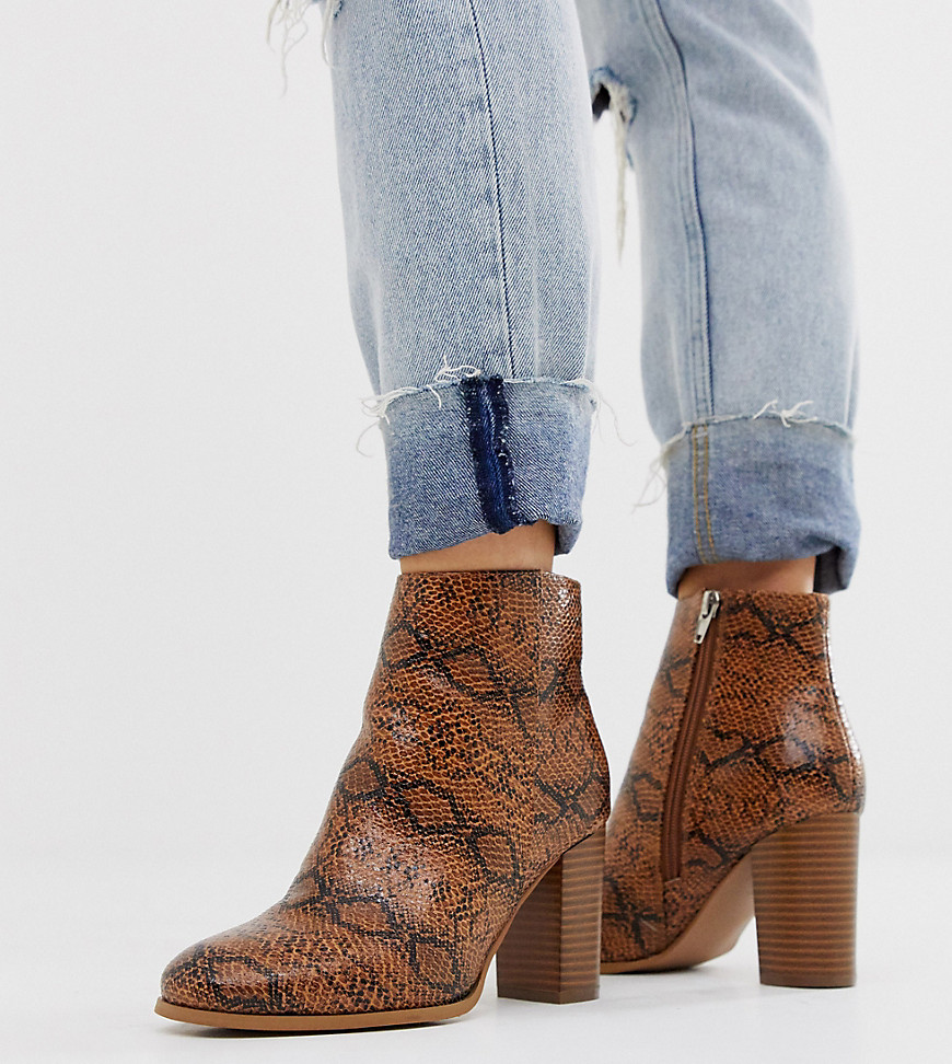 ASOS DESIGN Wide Fit Rye heeled ankle boots in tan snake