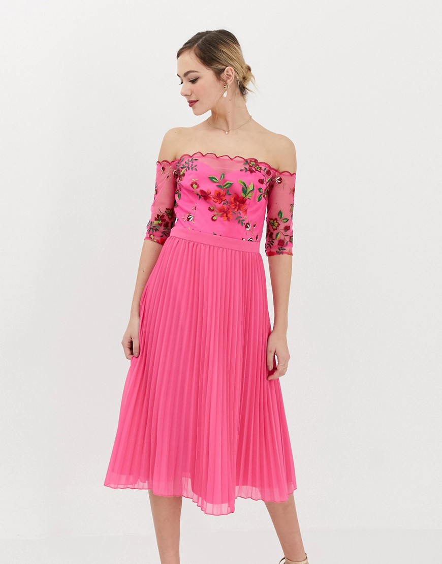 Chi Chi London lace embroidered top midi dress with pleated chiffon skirt in fuchsia