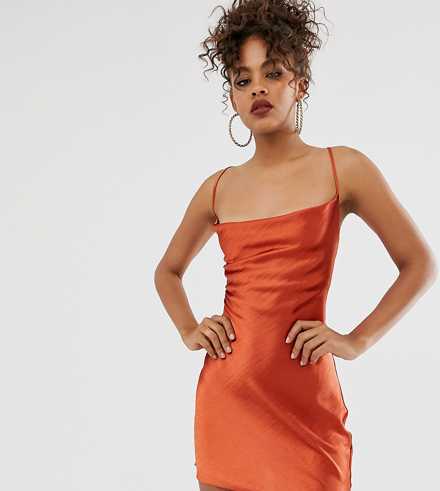 Asos Design Tall Cami Mini Slip Dress In High Shine Satin With Lace Up Back In Rust