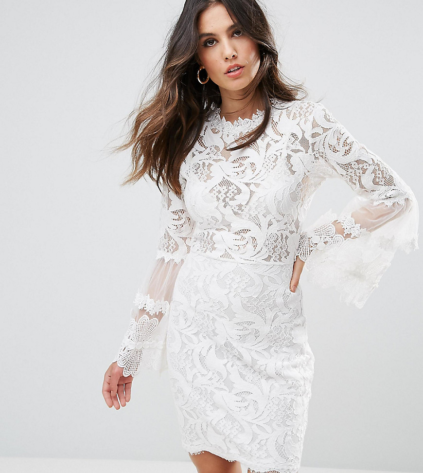 Lioness Allover Lace Dress With Fluted Sleeve Detail - White
