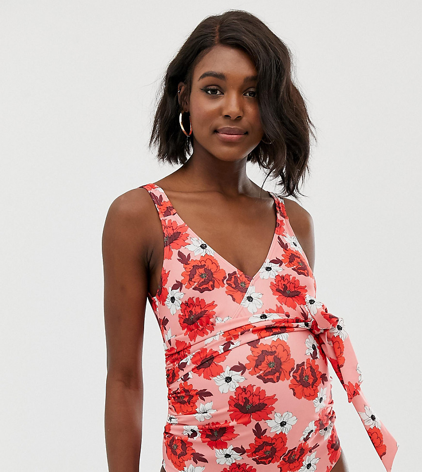 ASOS DESIGN Maternity recycled wrap round swimsuit in red floral print