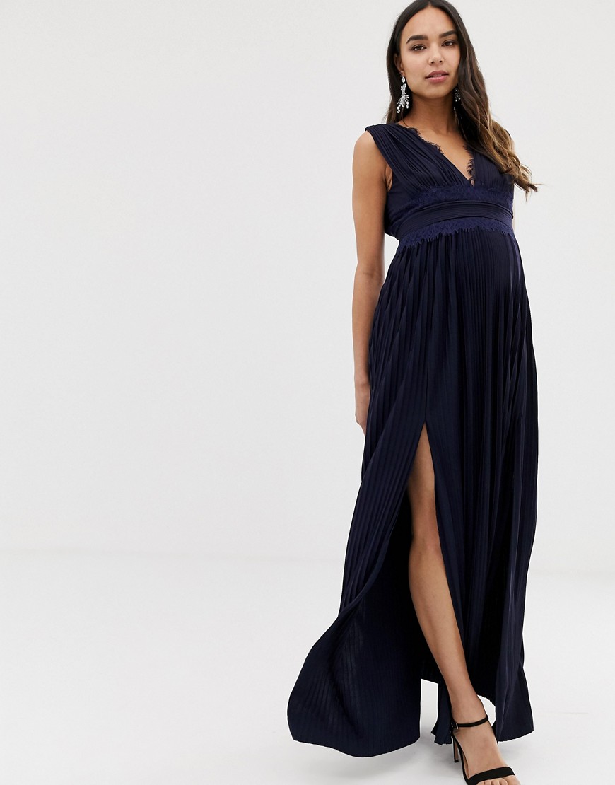 ASOS DESIGN Maternity Premium Lace Insert Pleated Maxi Dress