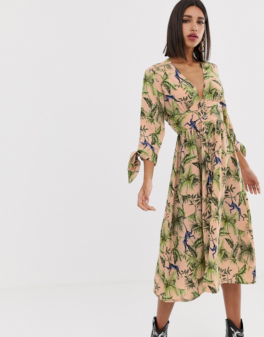 Neon Rose maxi tea dress with button front in jungle print