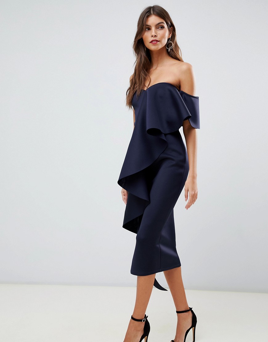 True Violet bandeau midi bodycon dress with frill detail in navy
