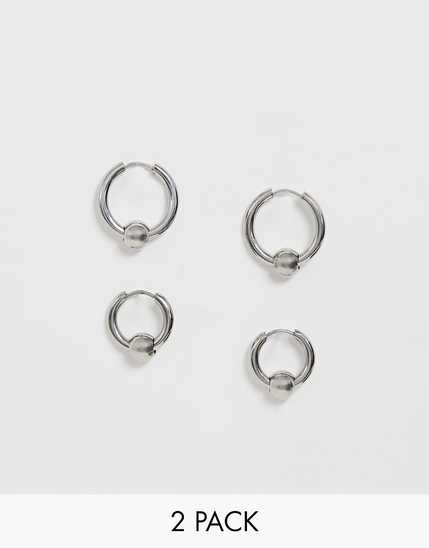 Asos Design 2 Pack Ball Hoop Earrings In Silver Tone