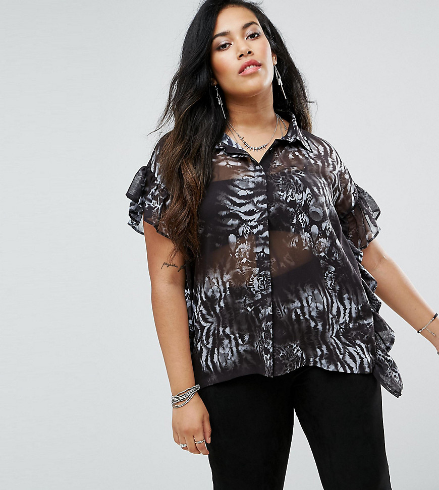 Religion Plus Short Sleeve Shirt With Ruffle Sides In Animal Floral - Multi