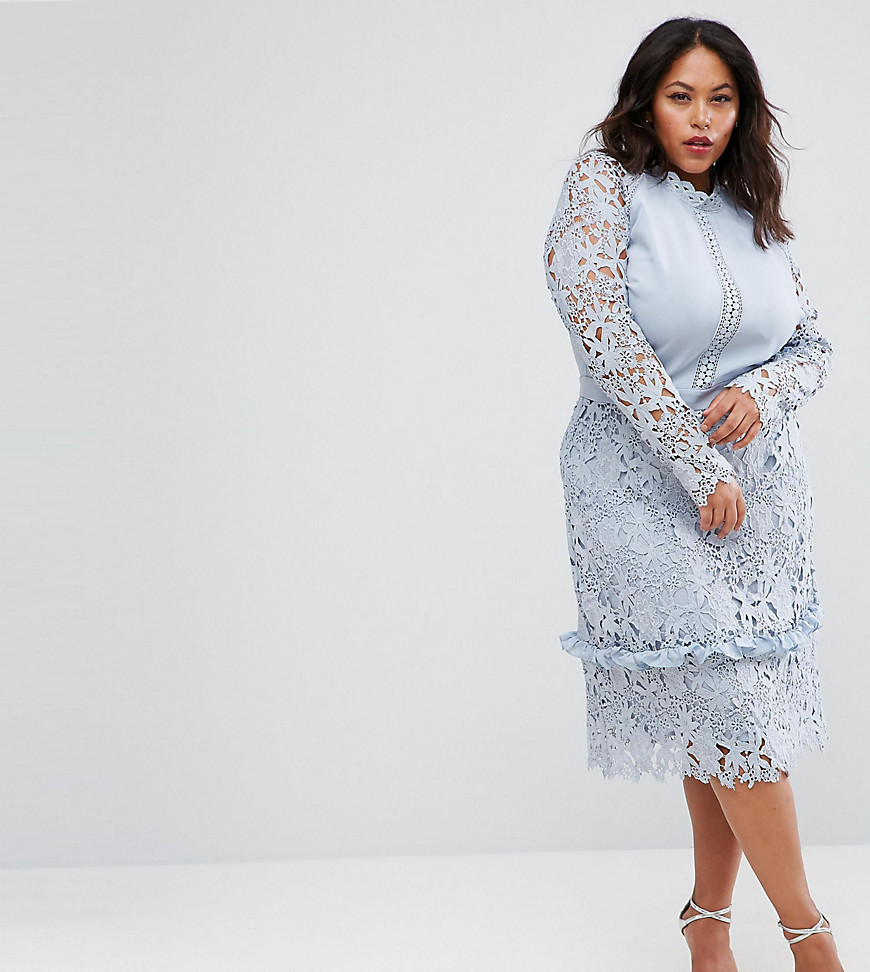 Truly You Midi Dress With Lace Sleeve And Skirt - Blue