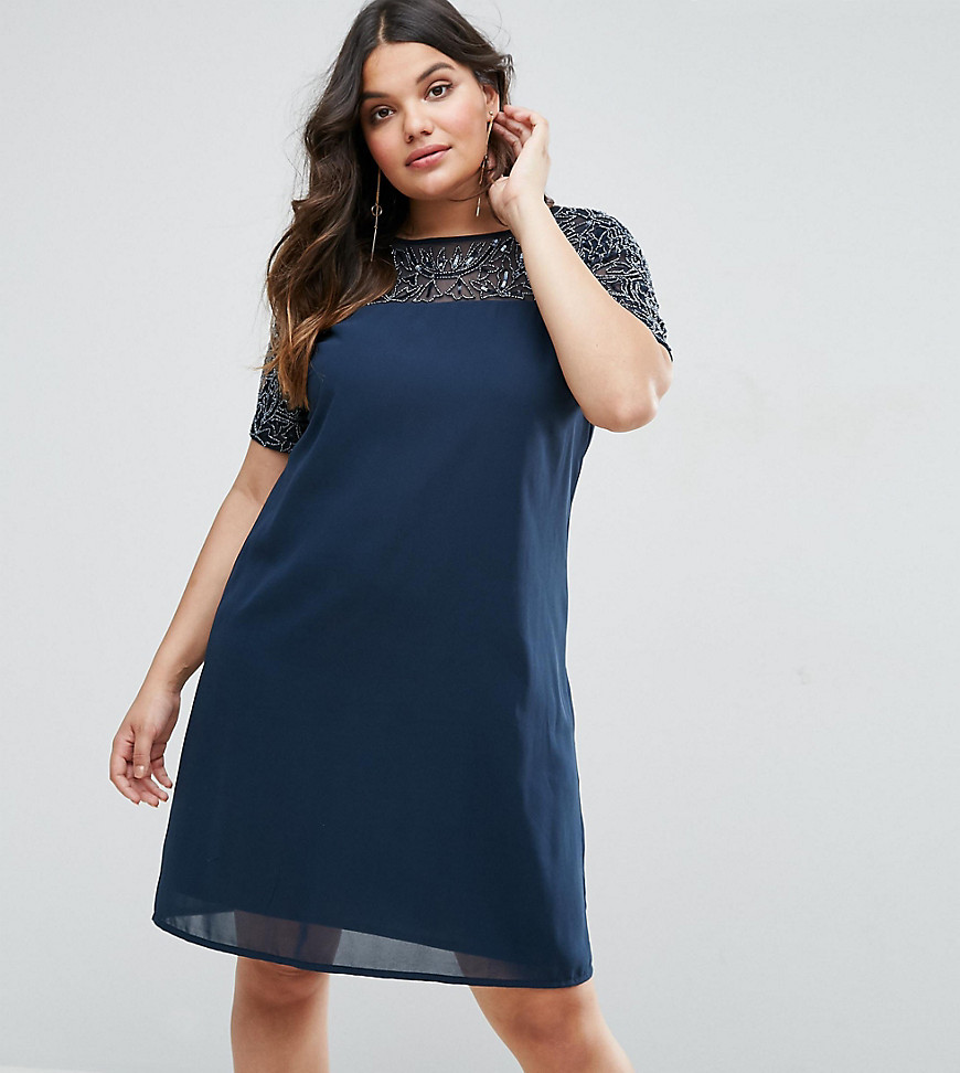 Maya Plus Shift Dress With Embellished Top And Sleeves - Navy