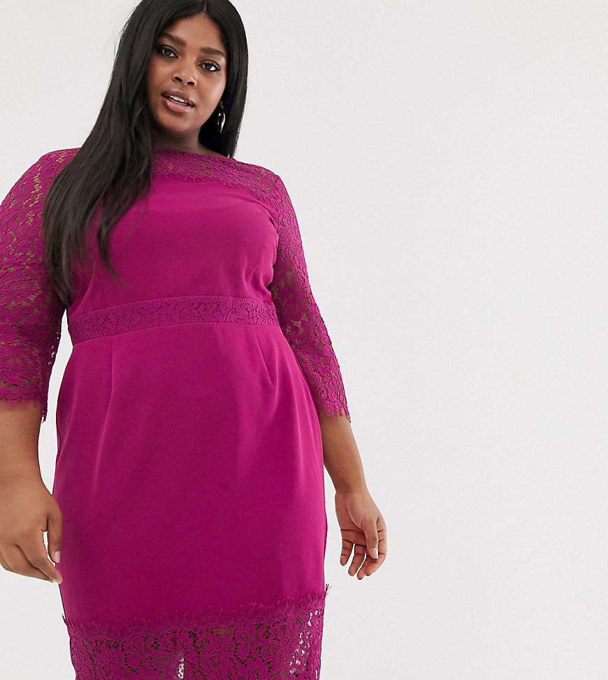 Paper Dolls Plus lace long sleeve and trim pencil dress in raspberry