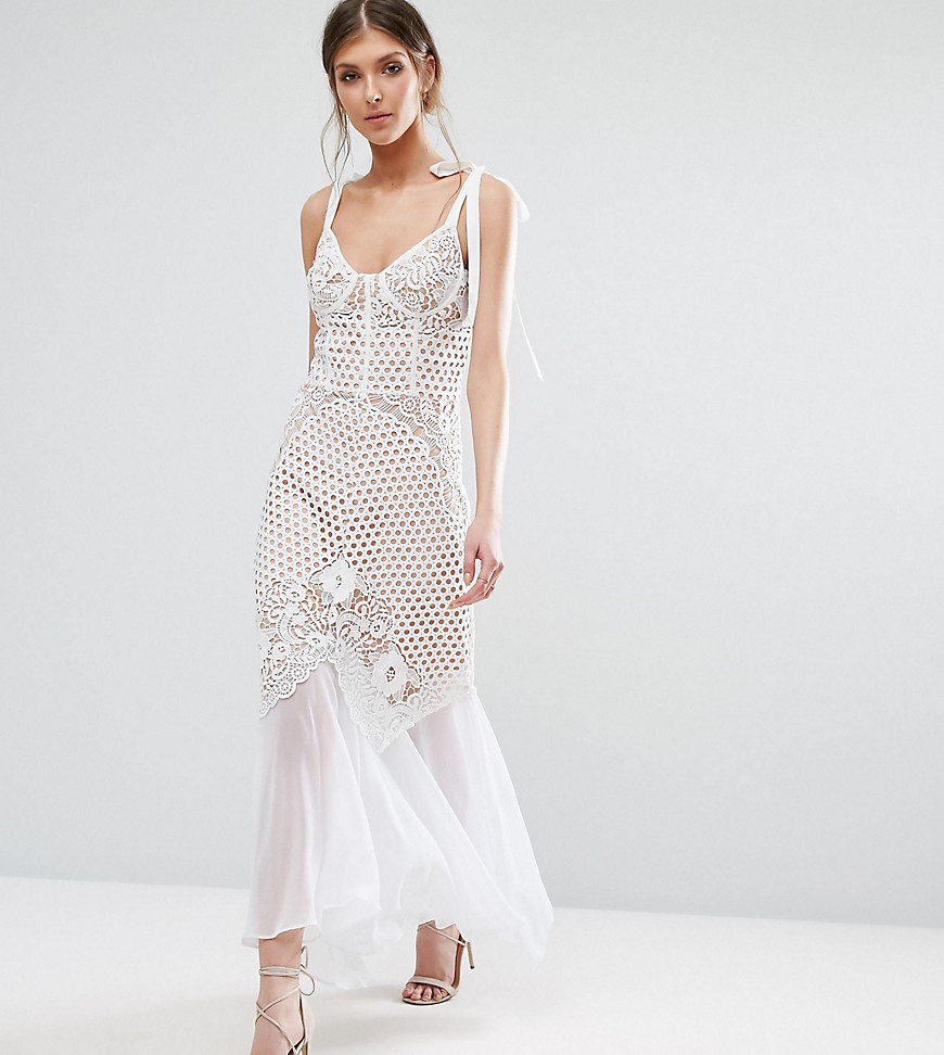 Jarlo Tall Cutwork Lace Dress With Chiffon Hem And Tie Cami Straps - White