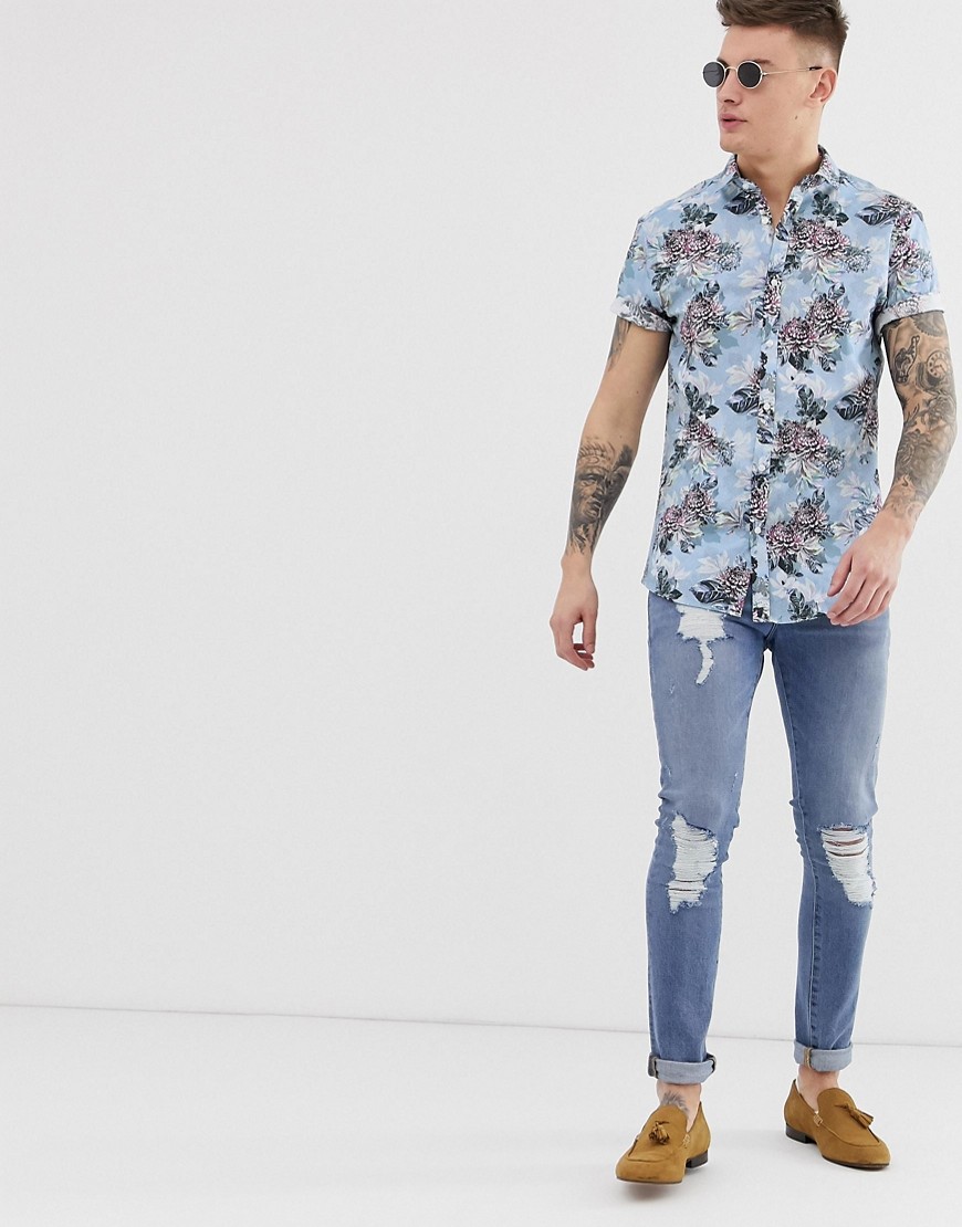 River Island slim fit shirt in light blue floral print