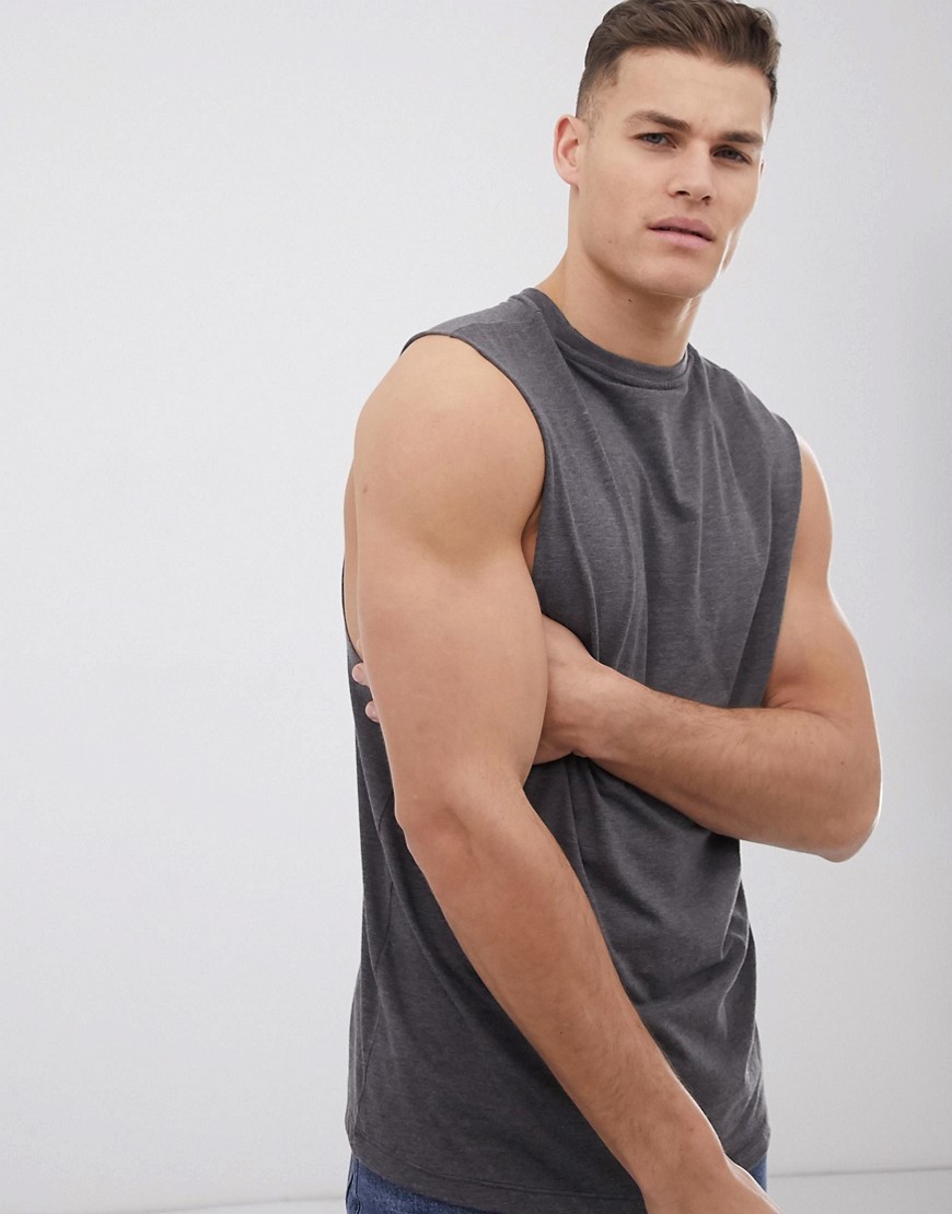 ASOS DESIGN relaxed sleeveless t-shirt with dropped armhole in charcoal marl