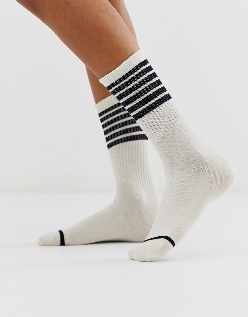 Monki ribbed socks with stripe detail in off white