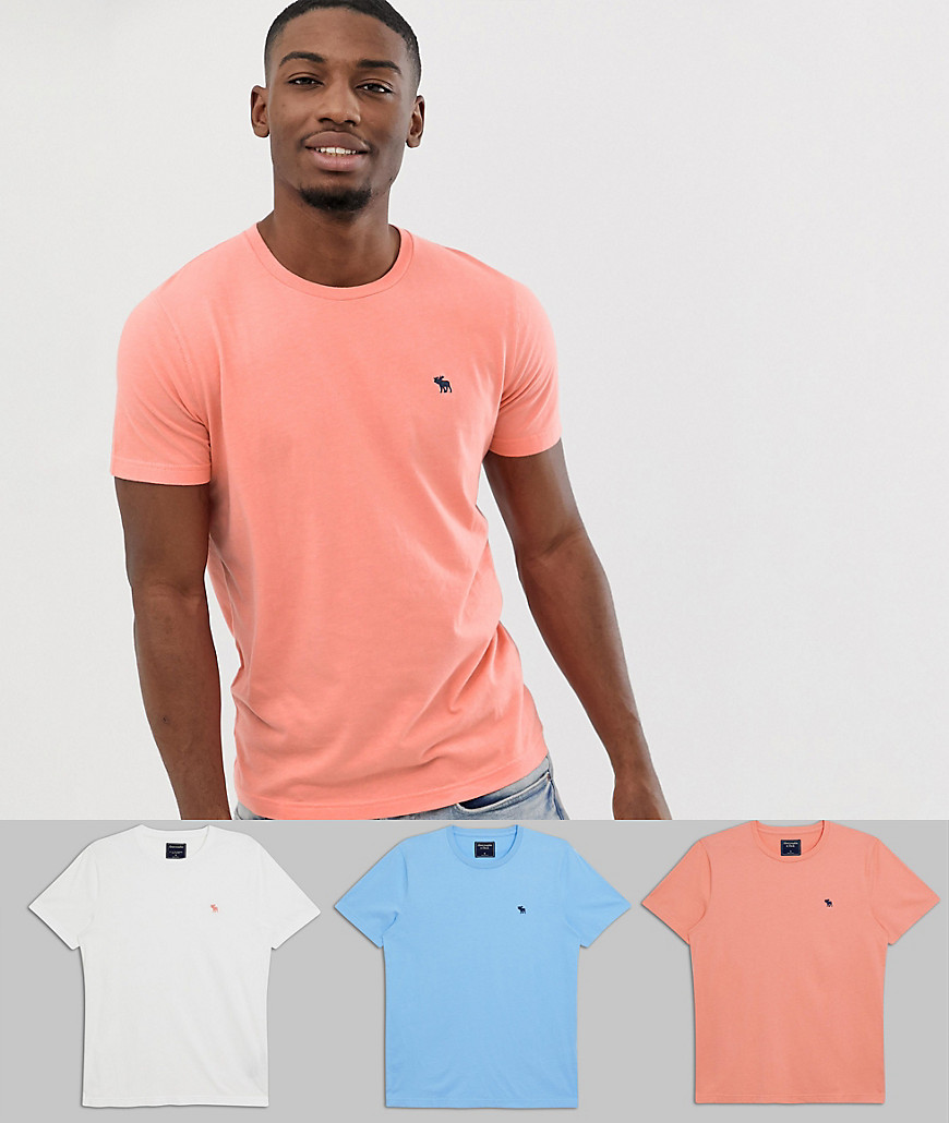 Abercrombie & Fitch 3 pack icon logo crew neck t-shirt in coral/white/light blue