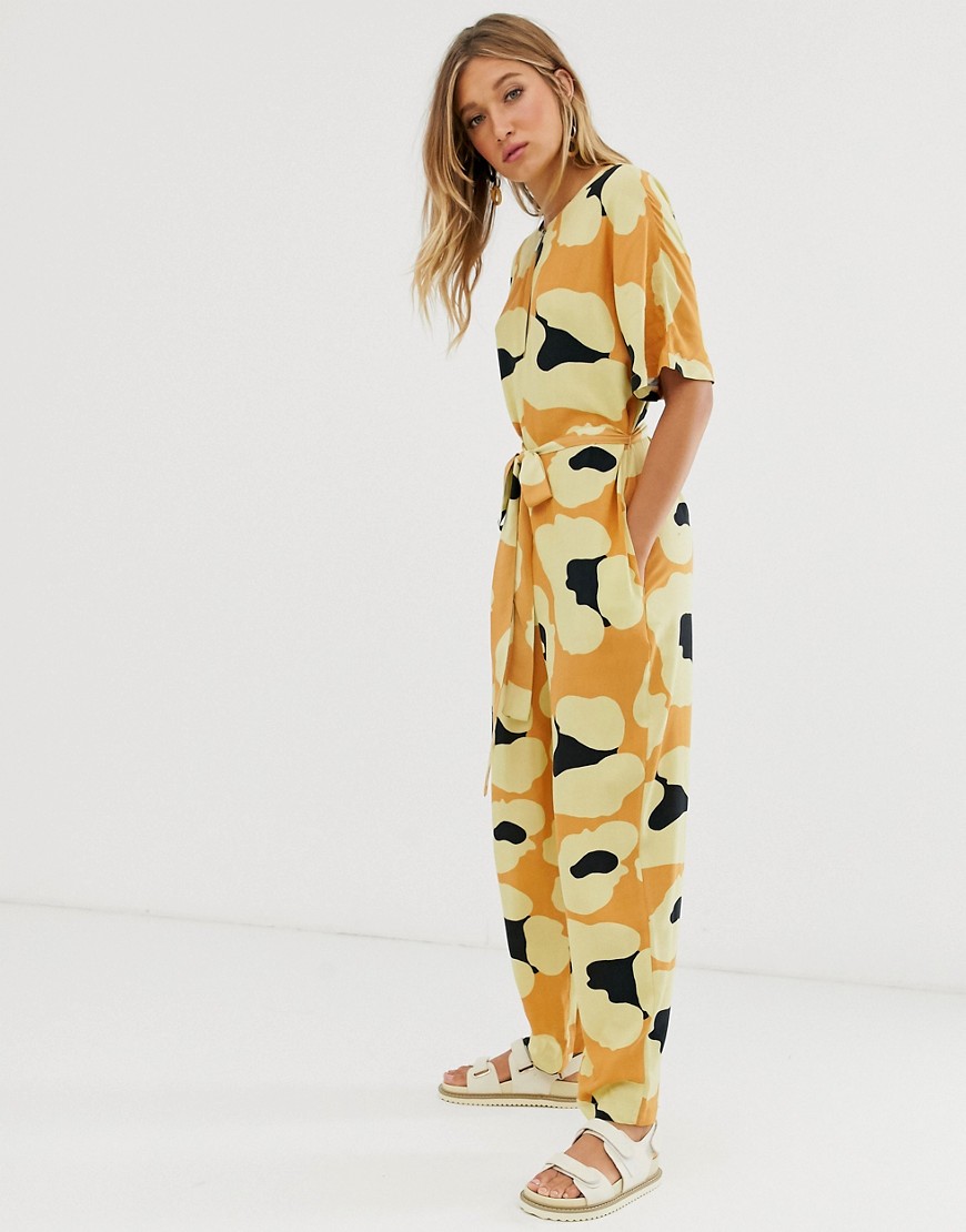 Asos Design Zip Front Slouchy Tie Waist Boilersuit With Pockets In Animal Print-multi