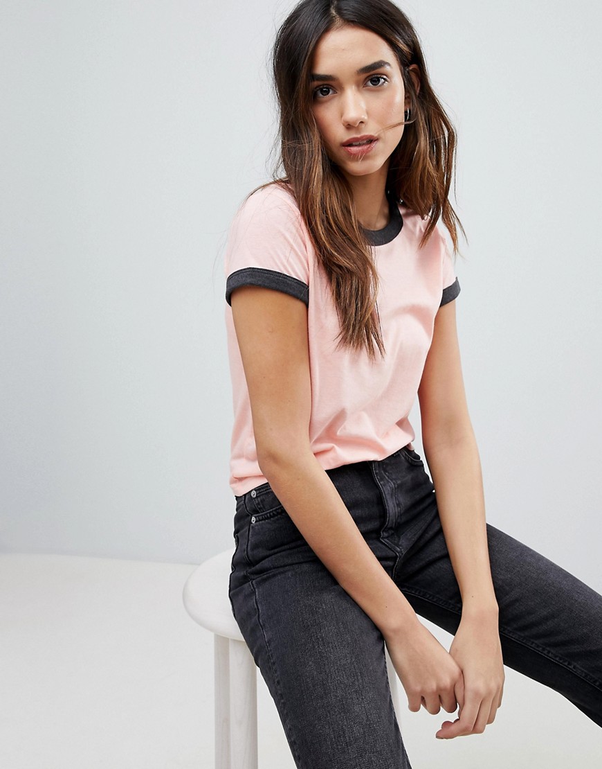 Brave Soul Claudia Tee with Contrast Neck and Sleeve Rib - Peach marl charocal