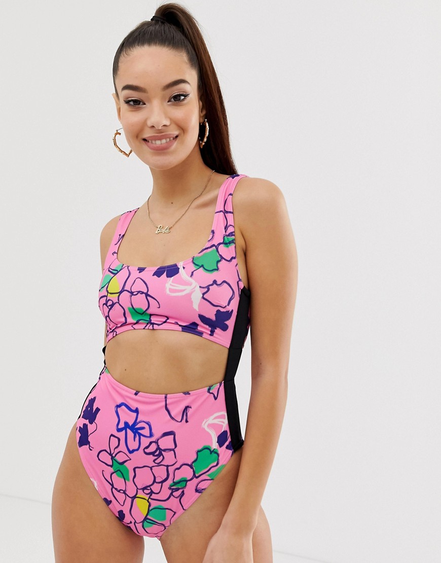 ASOS DESIGN recycled tab side high waist swimsuit in pink outline floral sketch print