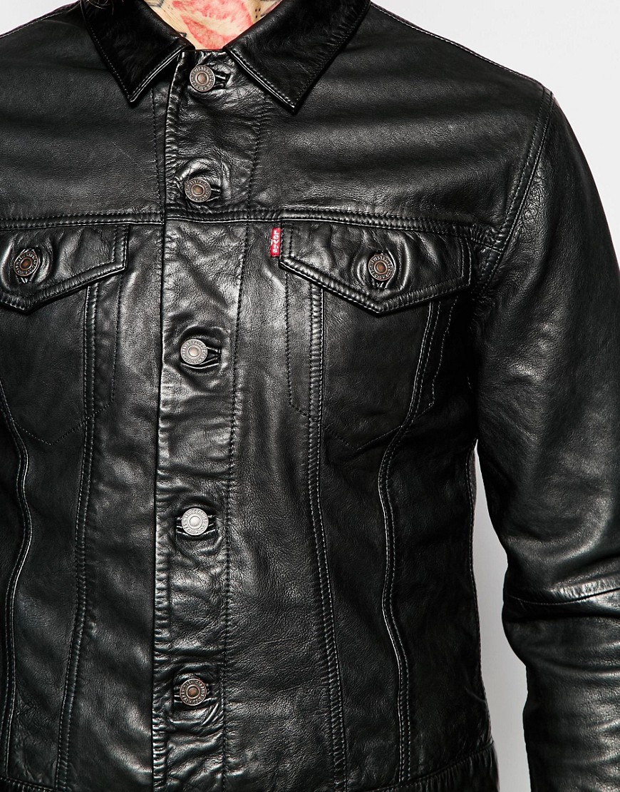 Levis | Levi's Leather Trucker Jacket Premium Goods Slim Fit in Black ...