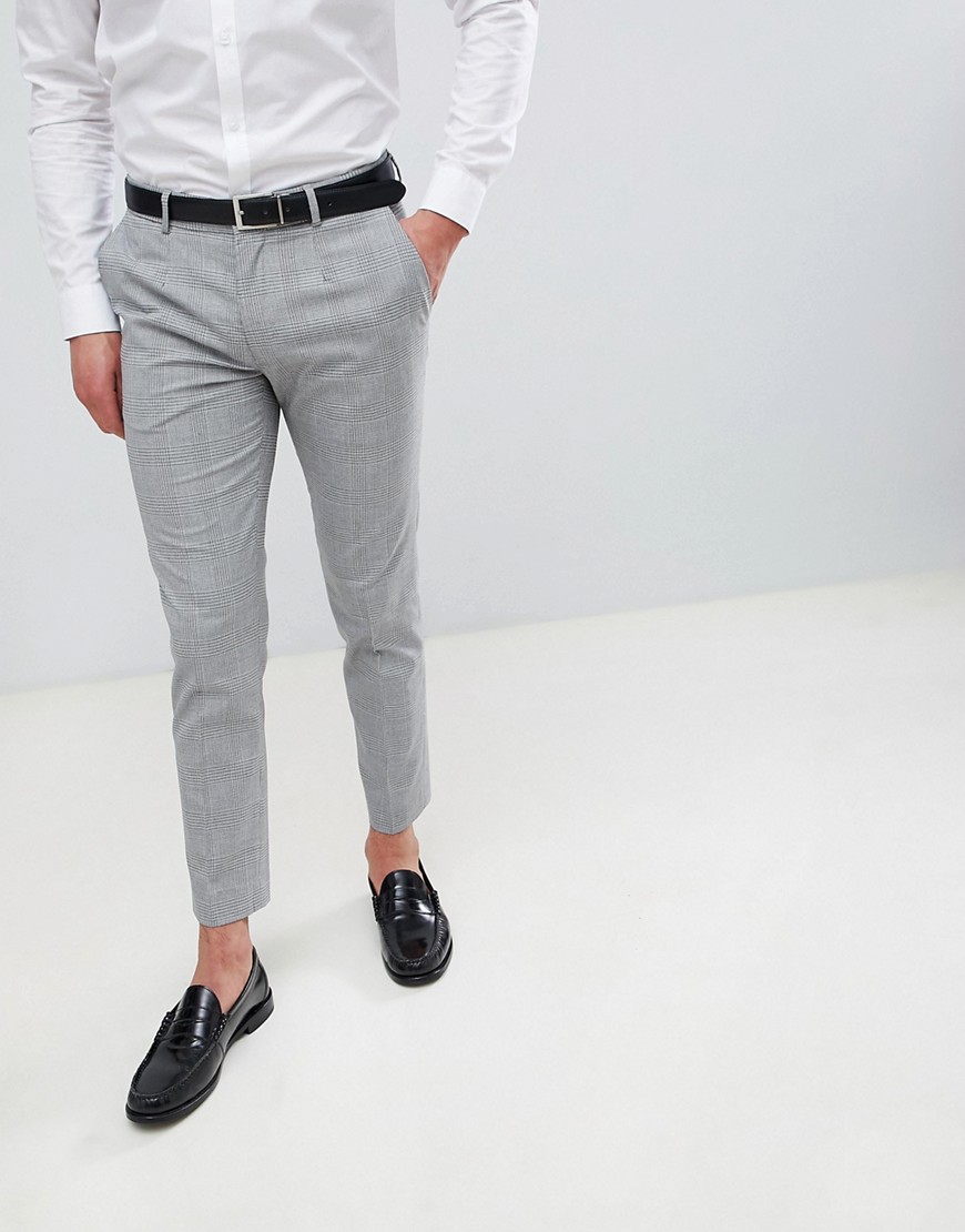 Burton Menswear Cropped Trousers In Grey Check - Grey