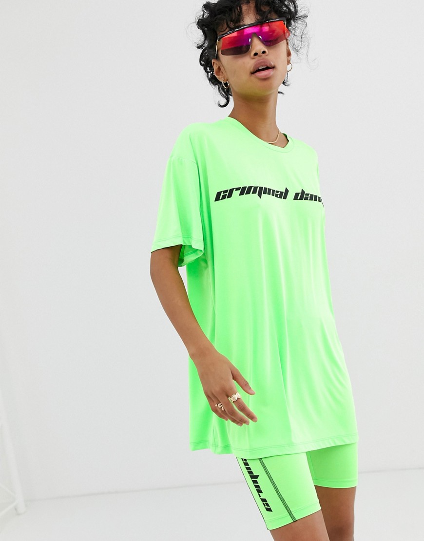 Criminal Damage oversized t-shirt with logo in neon