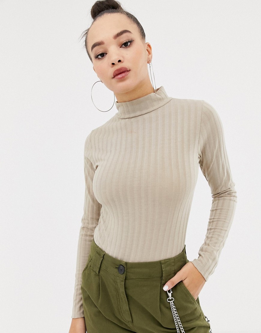 Missguided ribbed roll neck bodysuit in beige