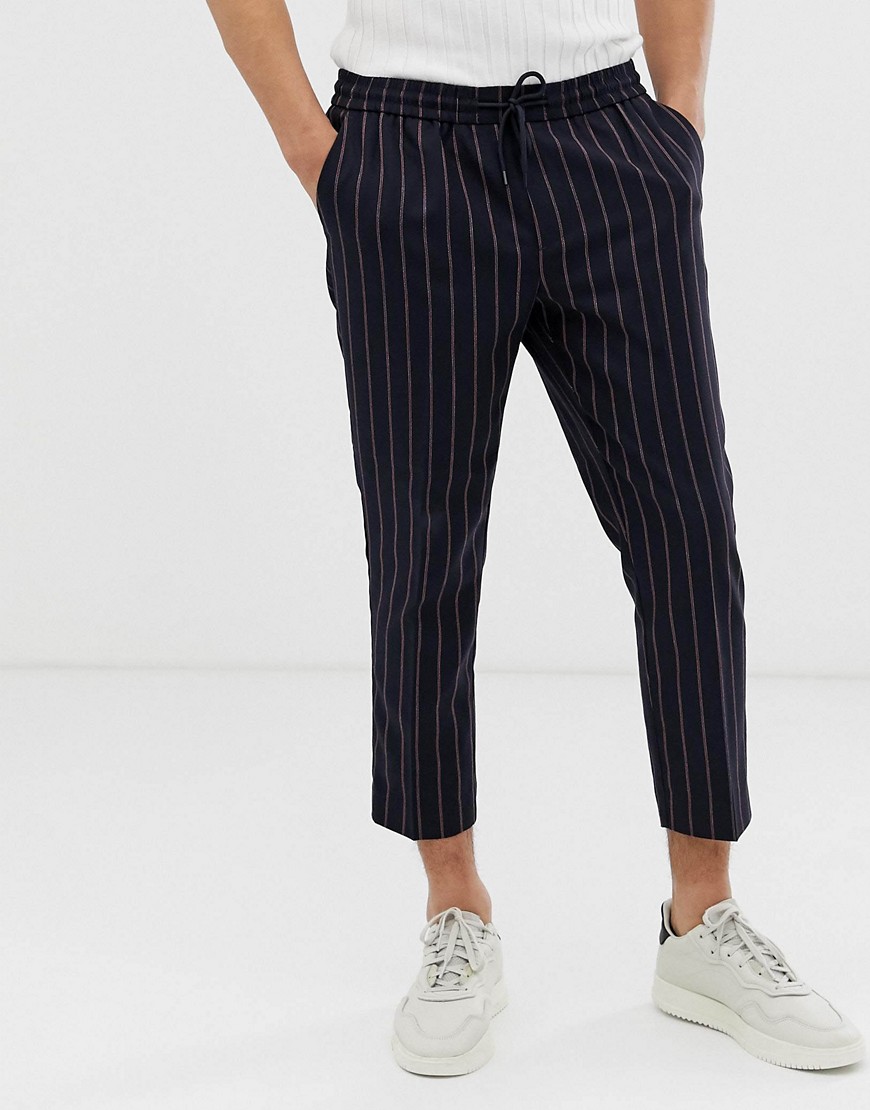New Look pinstripe trousers in navy and red