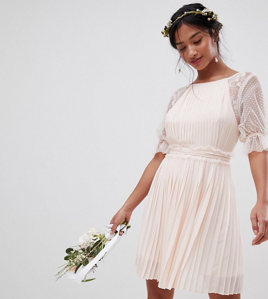 TFNC Petite Pleated Midi Bridesmaid Dress With Spot Mesh Frill Detail