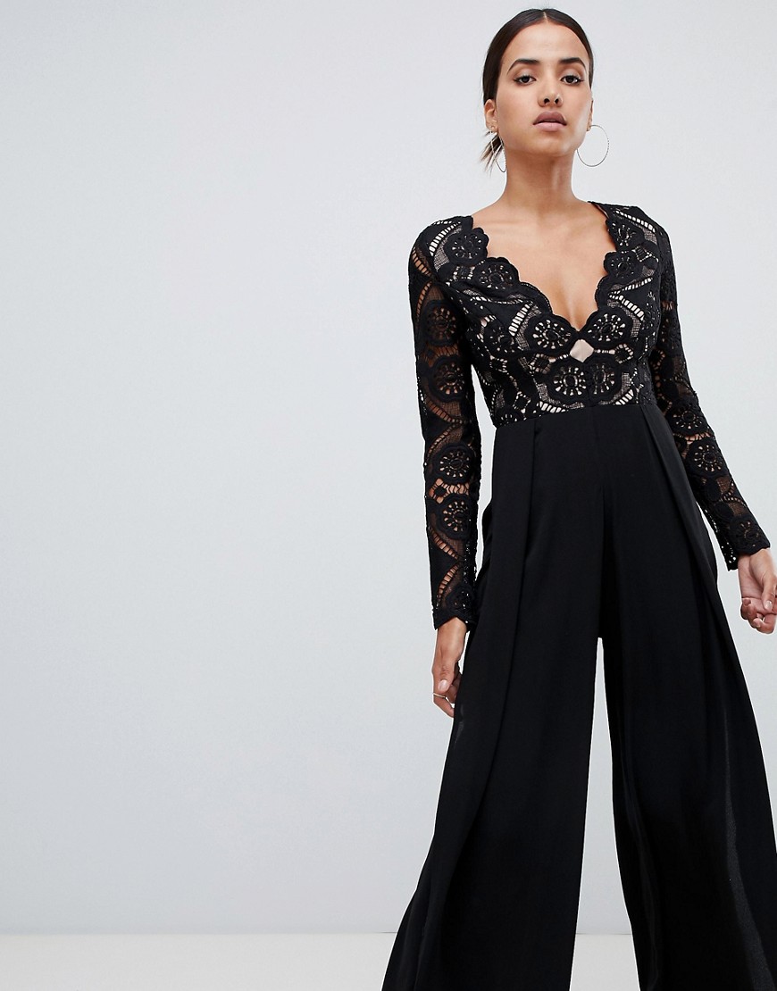 Love Triangle all over cut work lace top wide leg split jumpsuit in black