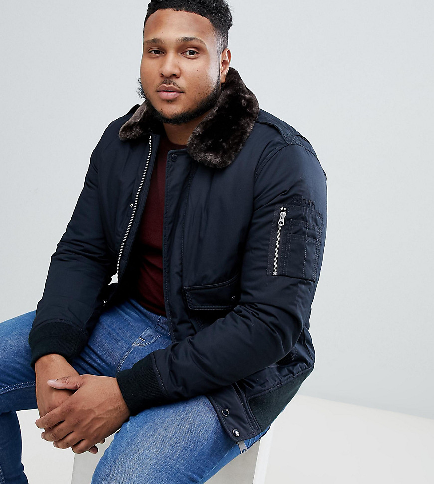 Schott Air bomber jacket with detachable faux fur collar in navy and brown - Navy