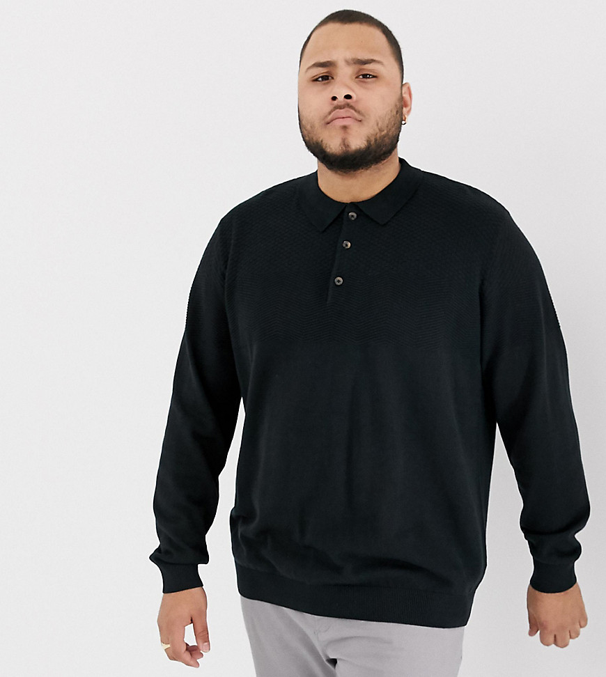 Jacamo knitted polo with texture panel in black